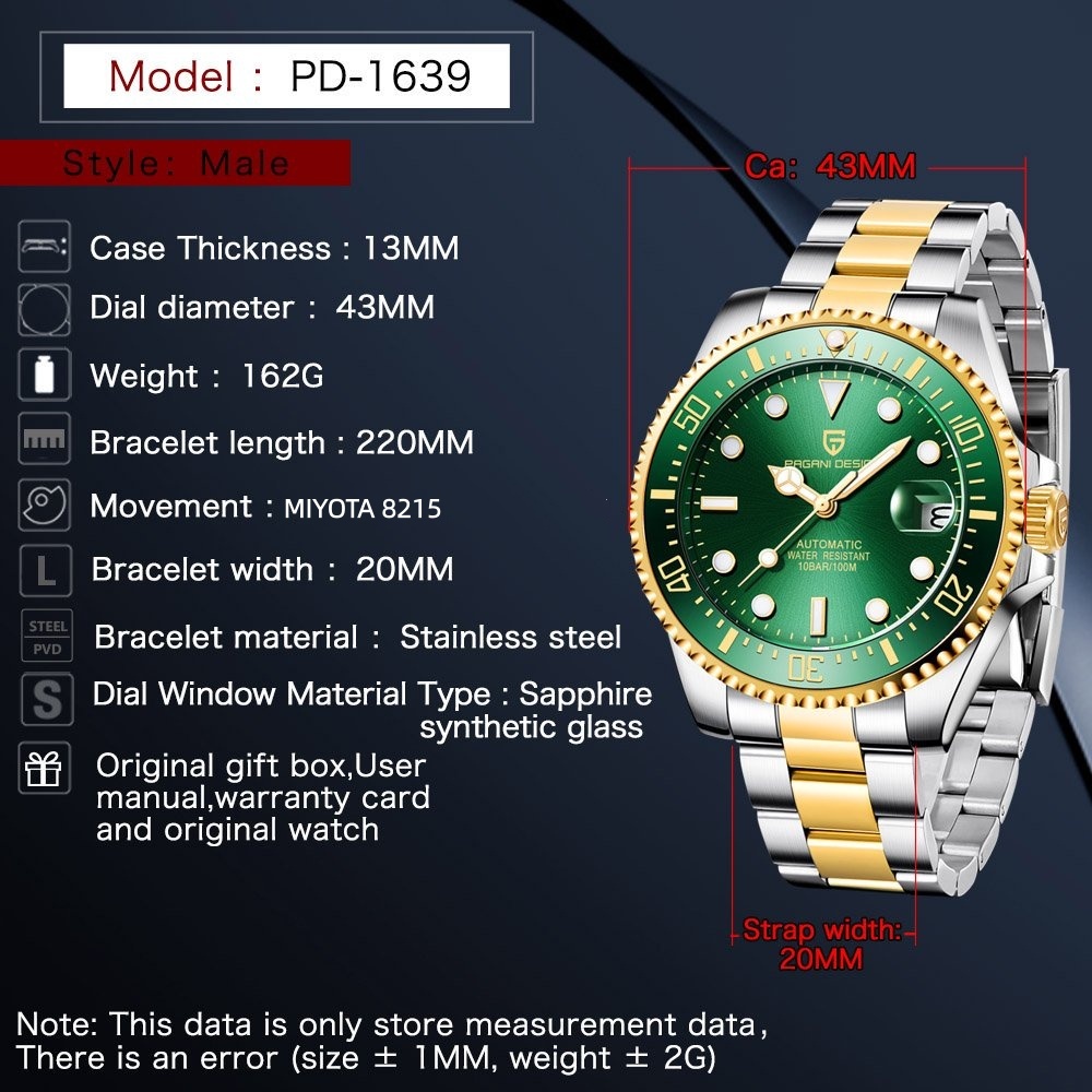 PAGANI Design PD-1639 Men Auto - Rolex Watch Submariner ulasan dan harga
