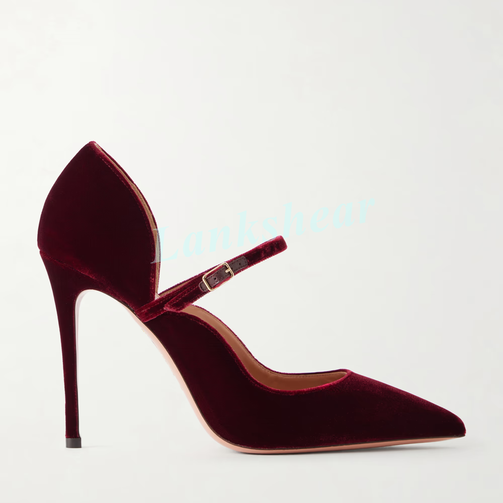 Women Burgundy Red Velvet Poin - Mesh Strap Metal ulasan dan harga