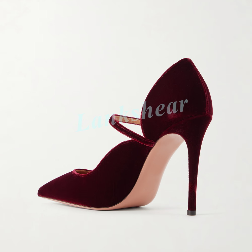 Women Burgundy Red Velvet Poin - Mesh Strap Metal ulasan dan harga